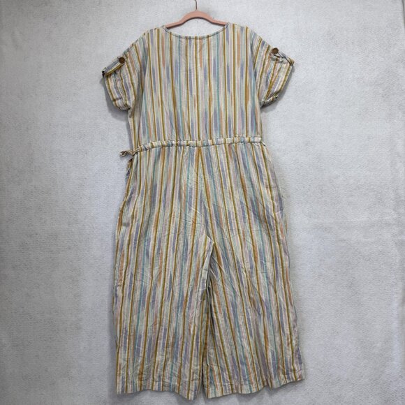 World Market Jumpsuit Womens L/XL Striped Linen Cotton Wide Leg V Neck Pockets - Picture 7 of 10